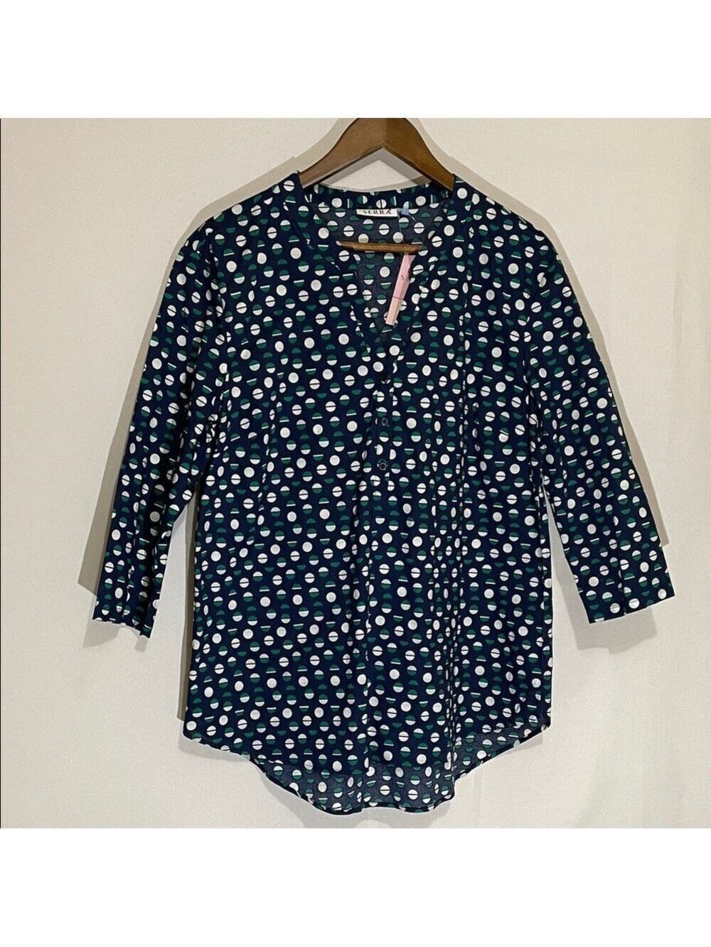 Serra Navy Blue Polka Dot 3/4 Sleeves Tunic Sz Large